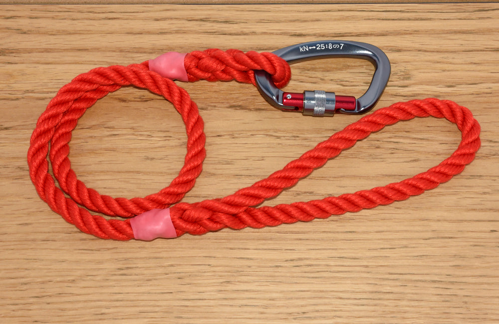 Climbing carabiner rope dog leads for safety and security of your dog. Range of locking carabiners and sizes of lead. From 6mm braid to 12mm marine rope. Made in the UK by kjkropedogleads.co.uk #ropedogleads #carabinerdogleads #safetydogleads #lockingdogleads #ropeleads #dogtraining #workingdogs #dogwalking #braideddogleads