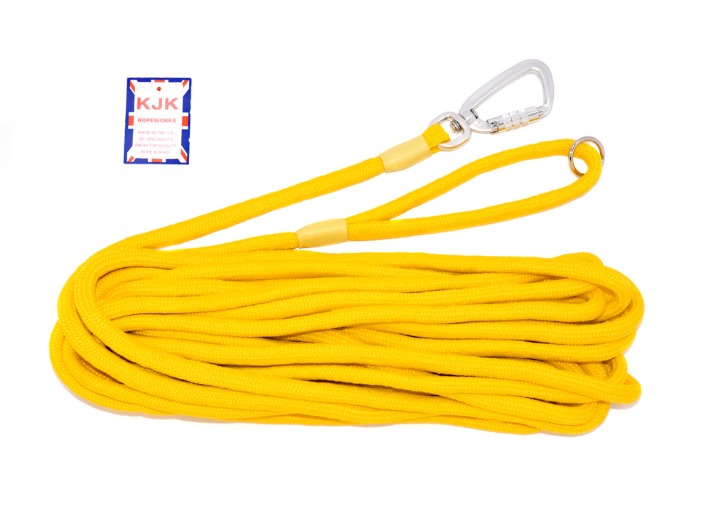 8mm Braid Carabiner Tracking Lines with Twist Lock Swivel Carabiner. Can be halved in length. Available with Black (BK) or Silver (SV) twist lock carabiner. Ideal for dog training and safely learning recall. #dogtraining #dogleads #ropedoglead #caraberdoglead #dogtrainingtrackingline #carabinerdogleads #workingdogs