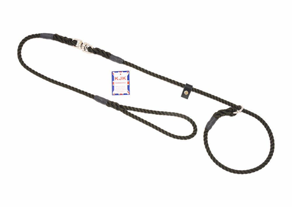 8mm Diameter x 1.5M Rope Slip Lead with Swivel - With Leather Stop - Nickel plated fittings - Code 060