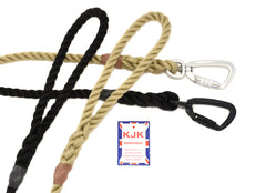 8mm Rope Carabiner Tracking Line with Twist Lock Swivel Carabiner . Can be halved in length. Available in Black (BK) or Silver (SV) Rope dog lead with safety carabiner. #ropedogleads #ropeleads #dogtraining #carabinerdogleads #safetydogleads #lockingdogleads #dogtrainingleads 