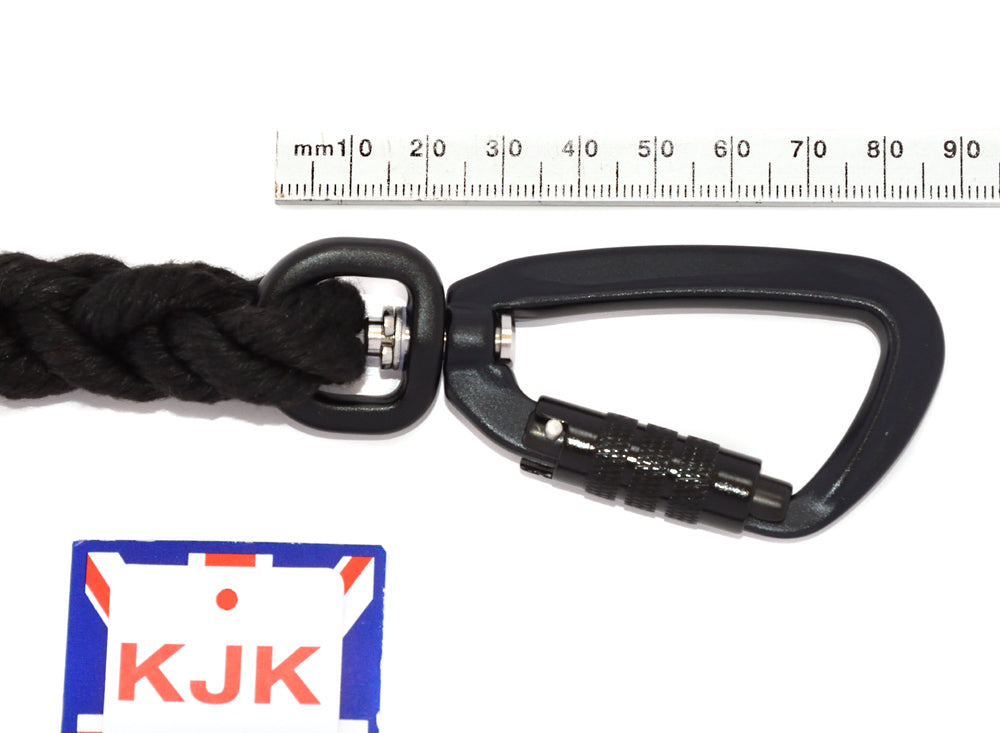 10mm Rope Carabiner Tracking Line with Twist Lock Swivel Carabiner. Can be halved in length for roadside use or greater control. Available in Black or Silver.  Hand made in the UK from high quality marine rope. Rope dog leads with swivel locking carabiner. Dog training, safe dog walking, Safe re call dog training. 