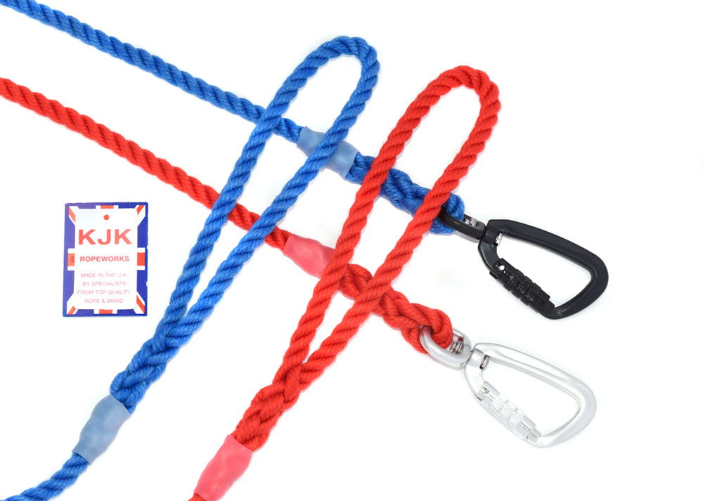 10mm Rope Carabiner Tracking Line with Twist Lock Swivel Carabiner. Can be halved in length for roadside use or greater control. Available in Black or Silver. Hand made in the UK from high quality marine rope. Rope dog leads with swivel locking carabiner. Dog training, safe dog walking, Safe re call dog training.